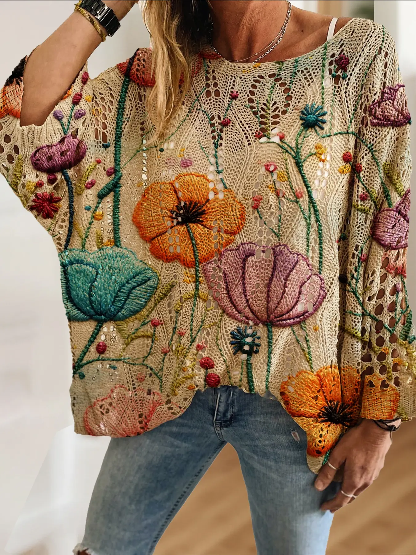 Women's Embroidered Floral Colorblock Knit Flowy Top, Casual Elegant Vacation Style, Comfortable Breathable Loose Fit, Spring Summer Fall Fashion