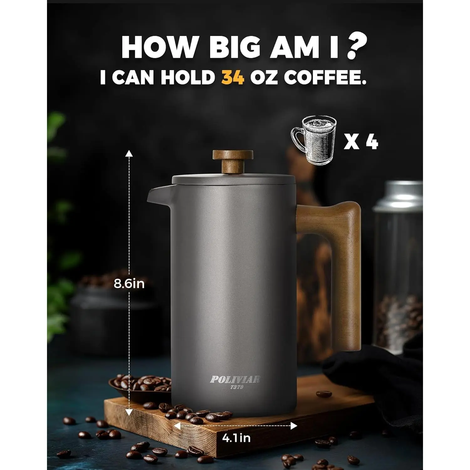 French Press Coffee Maker with Real Wood Handle, 34 Ounce Double Wall Insulation, Dual-Filter Screen for Hot Coffee and Tea - Portable  Washing