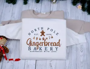North Pole Gingerbread Bakery Handmade with Love Embroidered Christmas Holiday Sweatshirt | Bakery | Baking Sweatshirt | Neutrals
