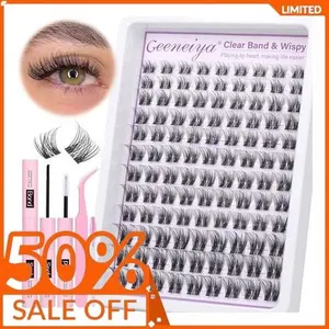 Clear Band Natural Lash Clusters Kit Wispy Eyelash Clusters 10-16mm Lash Extension Kit CC Curl Invisible Band Eyelashes Extensions with Bond and Seal Lash Glue and Tweezers DIY at Home by Geeneiya