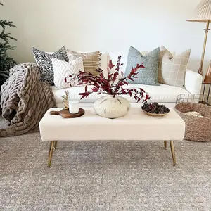 Furnimart Furry Sherpa 44 Inch Ottoman Bench Off-White Footrest End of Bed Tufting Indoor Bench with Gold Legs for Living Room Bedroom Entryway Dining