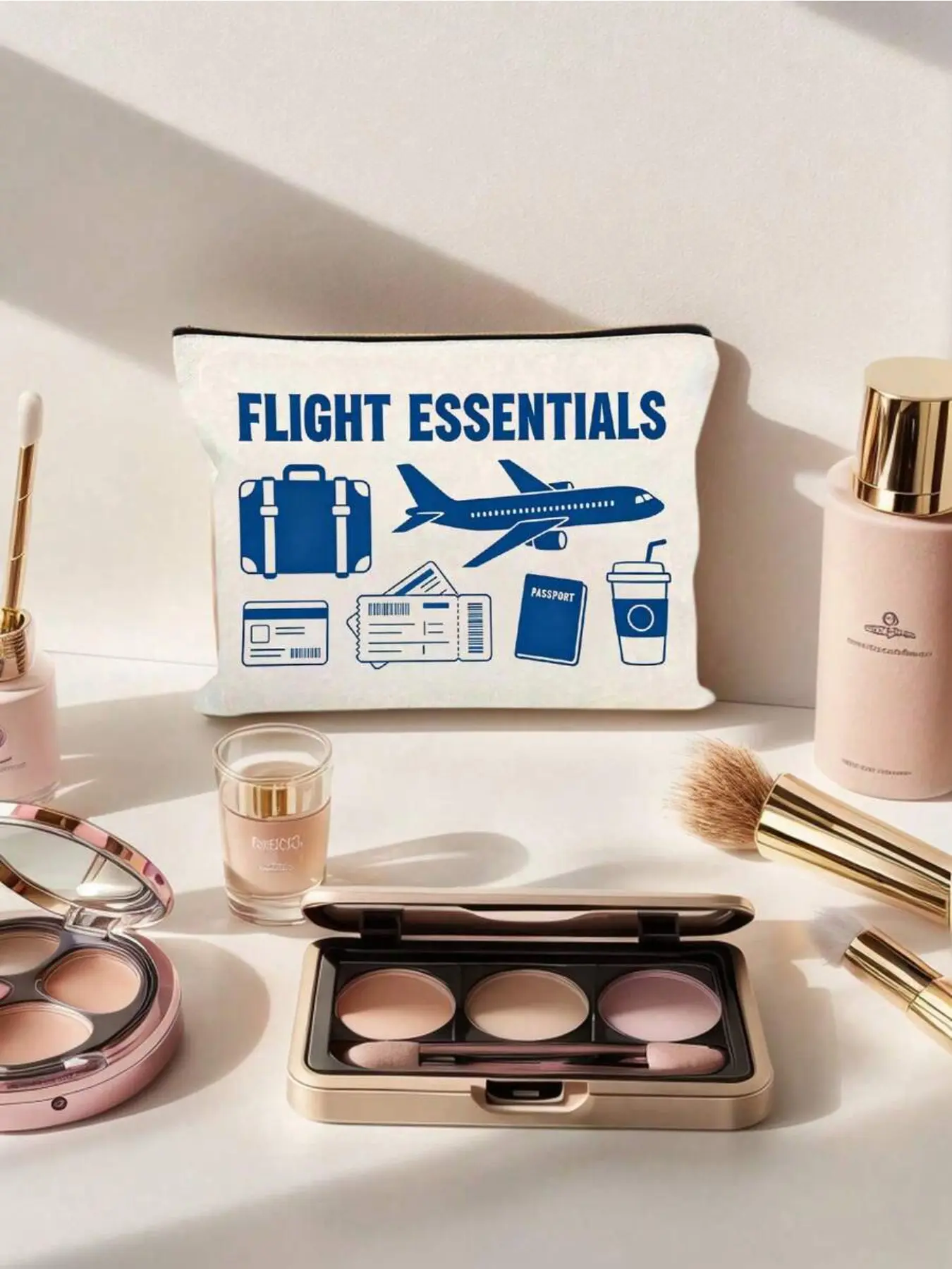 Airport-themed zipper storage bag with cute airplane print. Washable and durable, available in 7 colors. Stores passport, flight tickets, cards, cosmetics, chargers and small essentials. Lightweight travel accessory suitable for men and women.