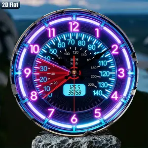 2D flat design. 1 piece set. Neon illuminated speedometer clock, silent decorative clock, creative clock, suitable for bedroom, living room, and office decoration, 25/30cm (excluding AA batteries), 2D flat version