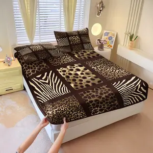 3Pcs Animal Skin Pattern Fitted Sheet Set, Brown Gold Patchwork Print Bedding Set, for Bedroom Living Room, Soft Breathable Fabric, Easy to Clean, Ideal for Animal Enthusiasts. Includes 2 Pillowcases, No Pillow Core