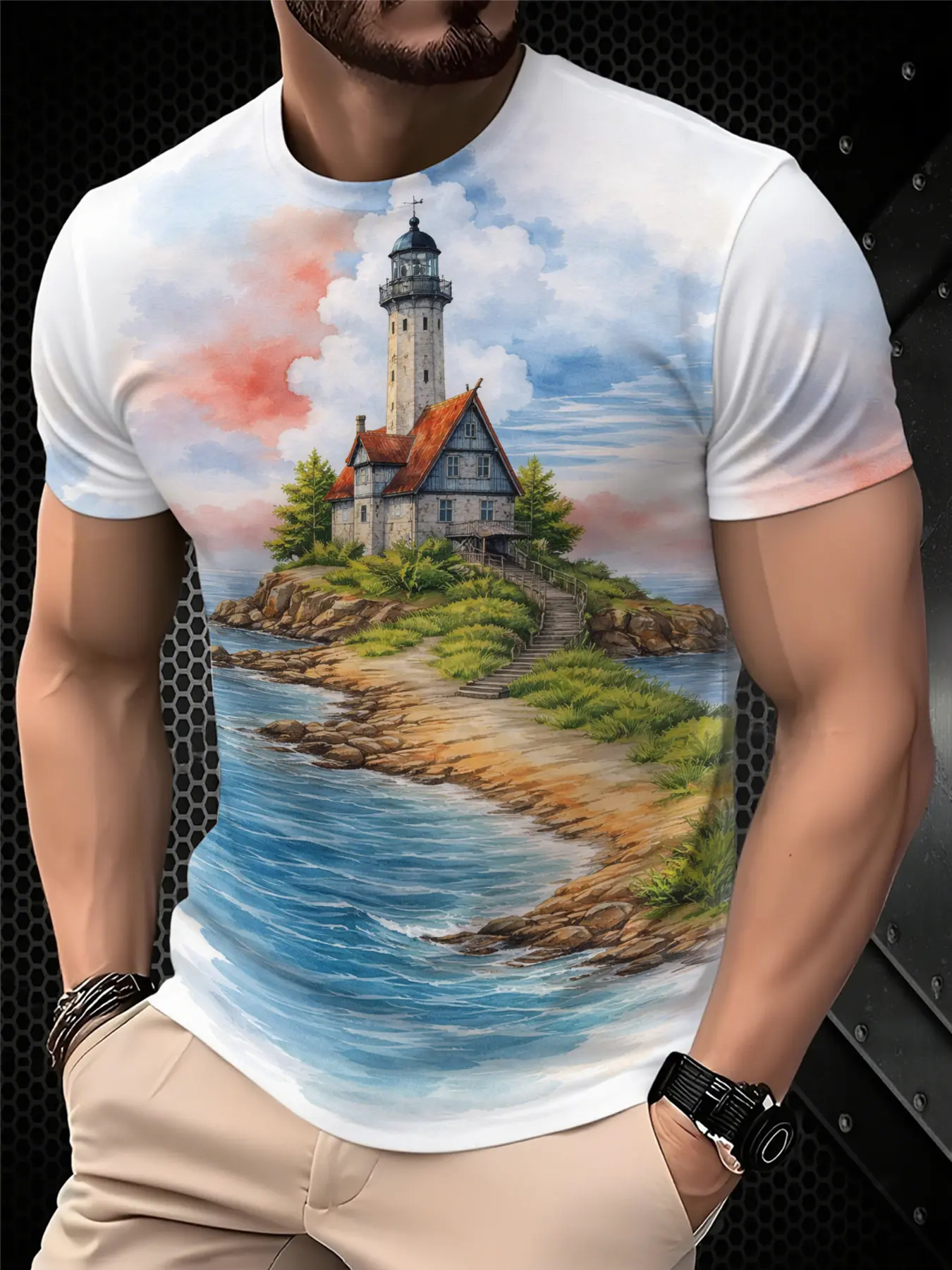 Men's Printed T-Shirt - Black/Gradient Multi-color Trendy Top, Menswear, Round-neck Short-Sleeved T-shirt, suitable for daily wear, casual gatherings, fashionable gradient style, machine washable