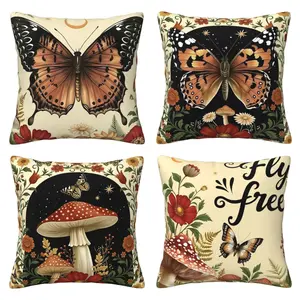 Wildflower Mushroom Butterfly Pillow Set Retro Forest Flower Cushion Set Home Decoration Sofa Cushion Set, 4-piece Set Double sided Printed