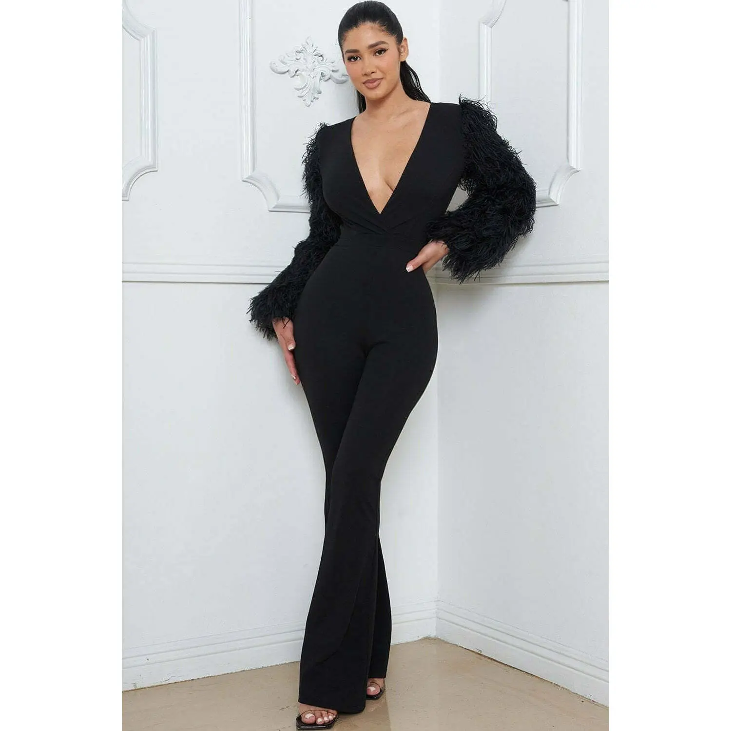 Final Sale Jumpsuit with Feather Sleeves in Black