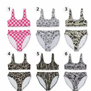 Women’s High Waisted Bikini Set – Checkerboard & Camo Print Two Piece Swimsuit, Sporty Crop Top Swimwear, Summer Beach Outfit, Gift for Her