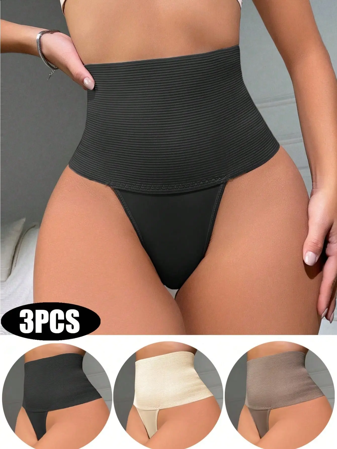 3 Pack Women High Waist Tummy Control Thong Shapewear, Seamless No Visible Panty Lines, Butt Lifting Shaping Smooth Solid Underwear, Soft Close Fit Daily Panties