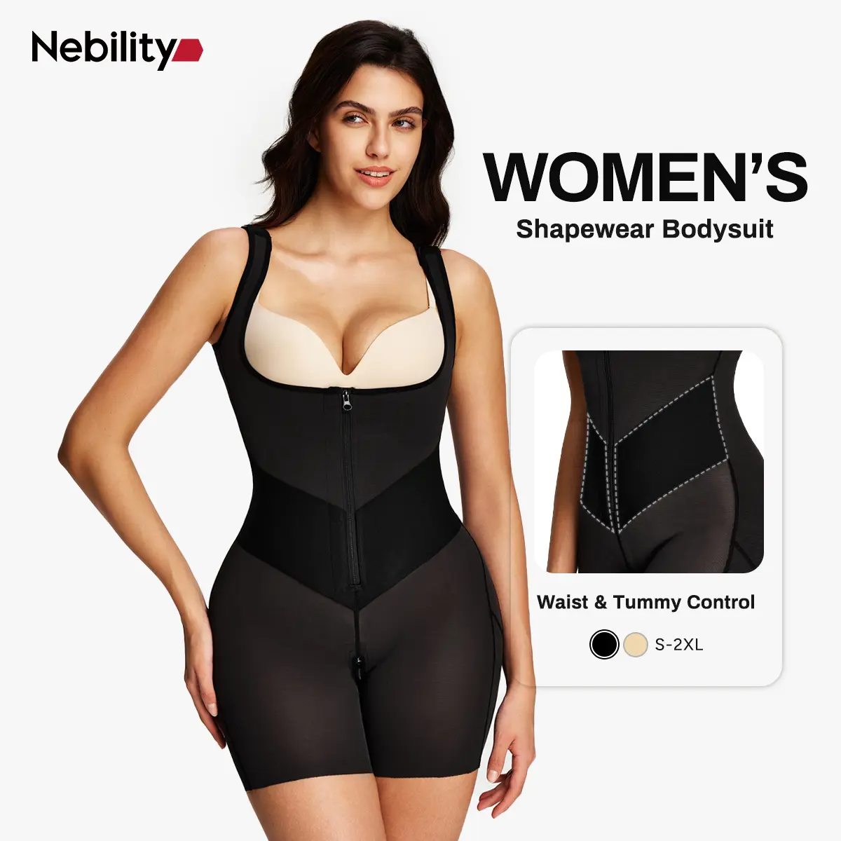 Nebility Women's Shapewear Bodysuit, Tummy Control Body Shaper for Postpartum, Compression Butt Lifter with Zipper Crotch & Adjustable Straps, Maternity Shapewear, Body Shaper Shapewear
