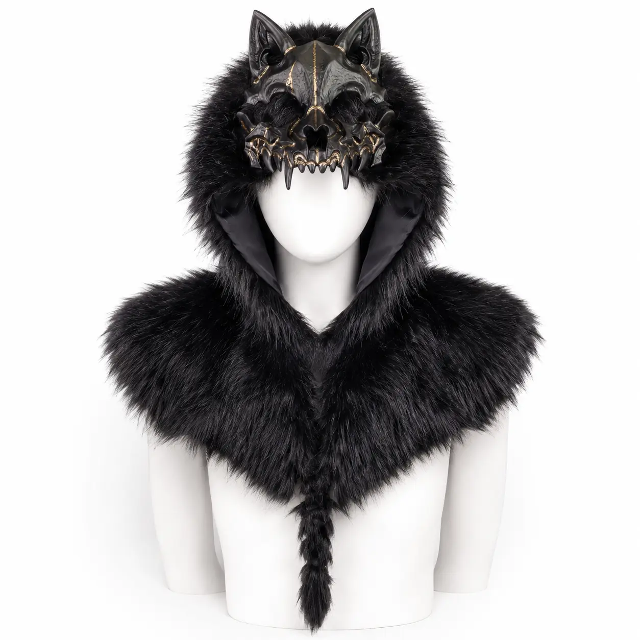 Black Faux Fur Hooded Cape, Cat-Ear Design, Gold Accents for Halloween Costumes (Festive Party Accessory)