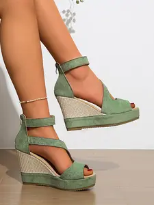 Old Money Casual Wedge Sandals, Plus Size Suede Platform Espadrilles, Elegant Peep Toe Ankle Strap Heels, Comfortable & Stylish Footwear, Women