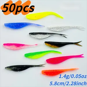 50pcs Ultra-Realistic Soft Fishing Lures - Fork Tail Design, Durable TPR Material, Vibrant Mixed Colors (Pink, Yellow, Green, Blue, Black), Lifelike Bionic Swimbaits for Freshwater & Saltwater Fishing
