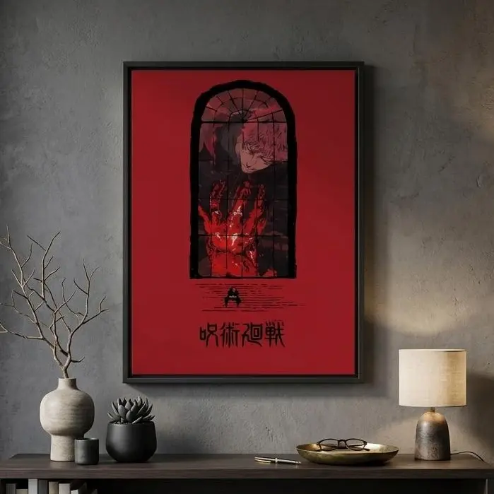 Jujutsu Kaisen Yuji Itadori Dark Red Canvas Wall Art Manga Window Scene Anime Print Framed Poster Bedroom Gaming Room Decor Gift For Anime Fans dopamine farmhouse home minimalist