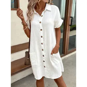 GARMENTMAKER Women's 100% V-Neck Short Sleeve A-Line Dress - Button-Front Blouse Dress, Soft Breathable Casual to Semi-Formal Wear, Machine Washable All-Season Outfit (No) - Pure Shirt Dress