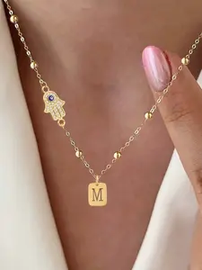 Women's Classic Fashion Stainless Steel Necklace, Rectangular Hollow Initial Eye Hamsa Hand Pendant, Casual All-Season Jewelry