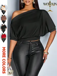 Women's Solid Color Asymmetrical Neckline T-Shirt with Ruffled Shoulders, Stylish Short Sleeve Top for Casual Everyday Wear, Tee