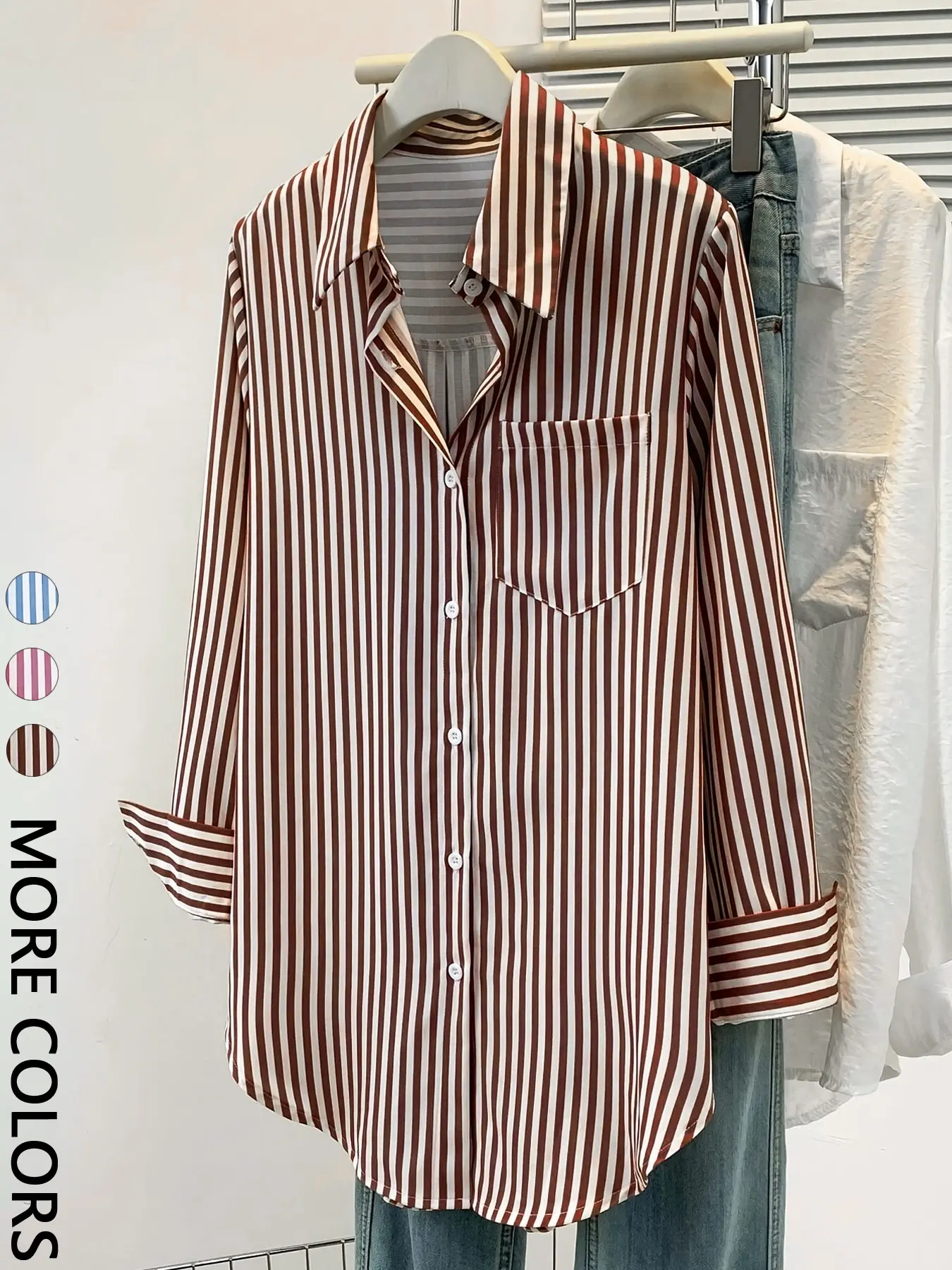 Elegant Formal Striped Shirt Blouse for Women, Button Up Long Sleeve Collared Top with Chest Pocket, Loose-Fitting Curved Hem Upper Garment