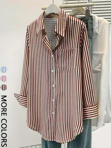 Elegant Striped Shirt Blouse for Women, Long Sleeve Collared Top with Chest Pocket, Loose-Fitting Curved Hem Upper Garment
