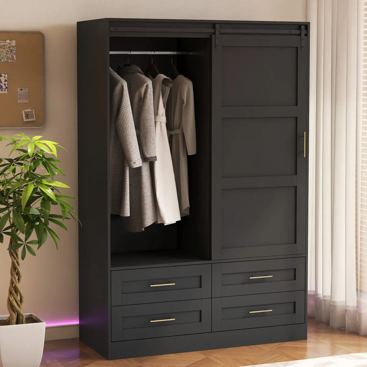 Aobtkel Tall Freestanding Above-Ground Bedroom Armoire Wardrobe Closet — Compartmentalized & Multi-Compartment Storage Cabinet with Hanging Rod, Barn Door, Drawers, Open Shelves, Drawer Organizer Wardrobes, Compartmentalized Storage Wardrobes