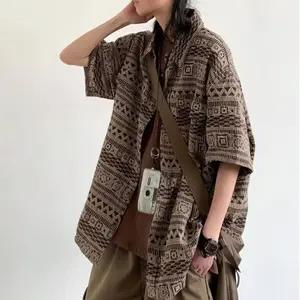 Men Trendy Japanese Style Vintage Print Harajuku Oversize Shirt Summer Casual Streetwear Y2K Short Sleeve Tops Camisas De Hombre