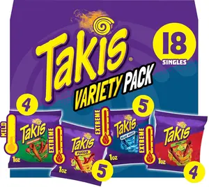 18-Pack Rolled Tortilla Chips Variety Pack | Fuego, Blue Heat, Nitro & Crunchy Fajitas | Spicy Assorted Snack Mix
