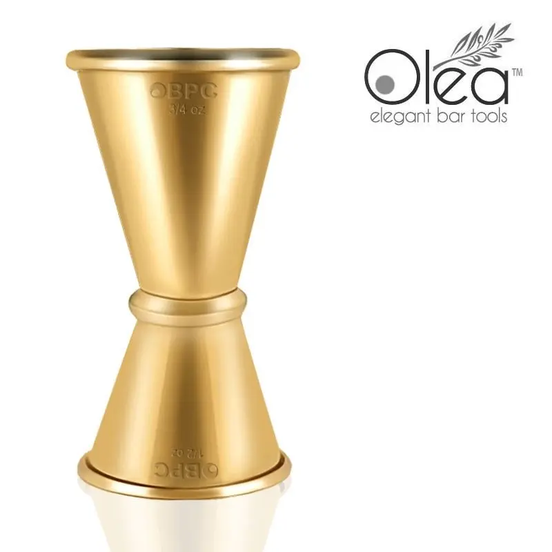 Olea™ Elegant Japanese Style Stainless Steel Cocktail Jigger - Durable Reflective Gold-Plated Tall Cylinder Bar Utensil - High Quality Construction 0.5oz x 0.75oz for Master Mixologists' Signature Drinks, Craft Bartenders