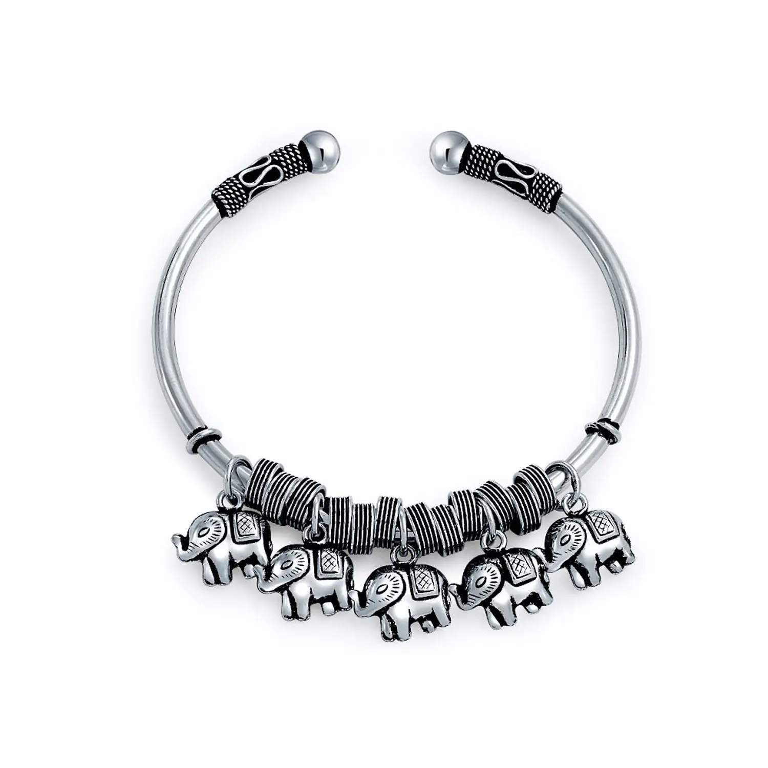 Bali Lucky Elephant Dangling Charm Bangle Cuff Bracelet Sterling Silver