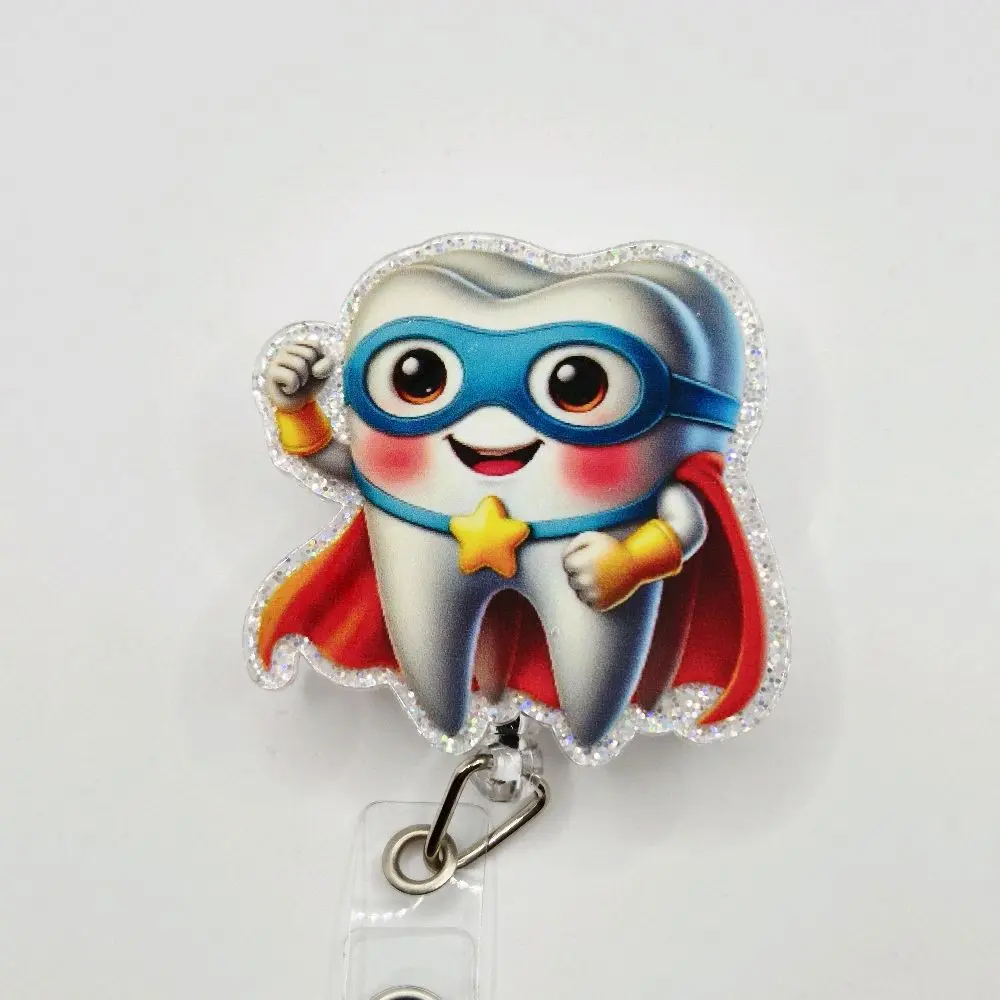 Super Hero Tooth Acrylic Retractable Badge ID Reel Belt or Alligator Clip Perfect for Dental Assistants and Dentists