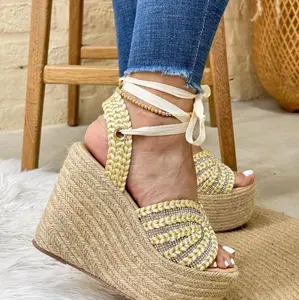 ROXY// Sandal with 12 cm Platform Height - Beige Rope Wedge Heel with Beaded Ankle Strap Women's Shoe