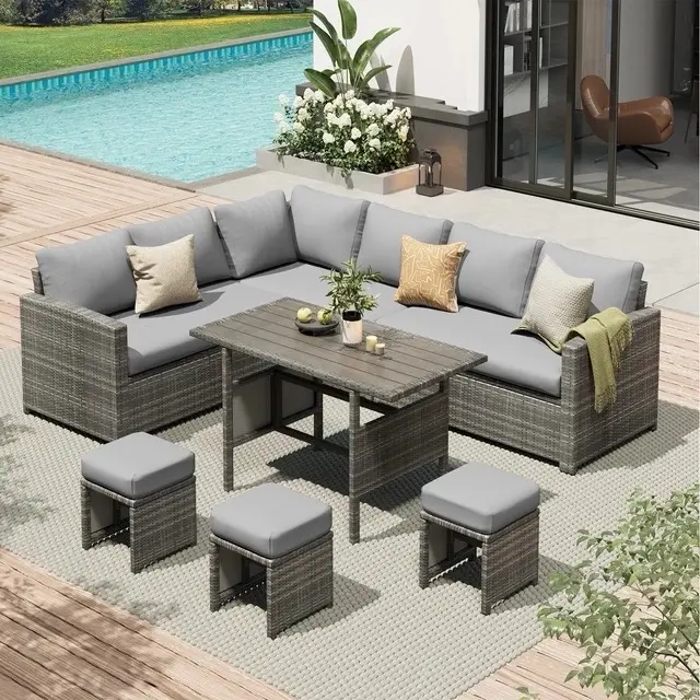 Patio Furniture Sets 7-Pieces Outdoor Sectional Sofa Rattan Wicker Sofa W/ Table