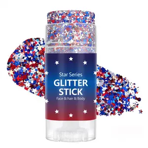 Independence Day Sparkle Pink Stick, July 4th Sparkle Stick| Red, white, and blue body and hair shimmer, festive carnival pentagram high gloss makeup, suitable for Independence Day parties, competition days, festivals, and fun holiday outfits