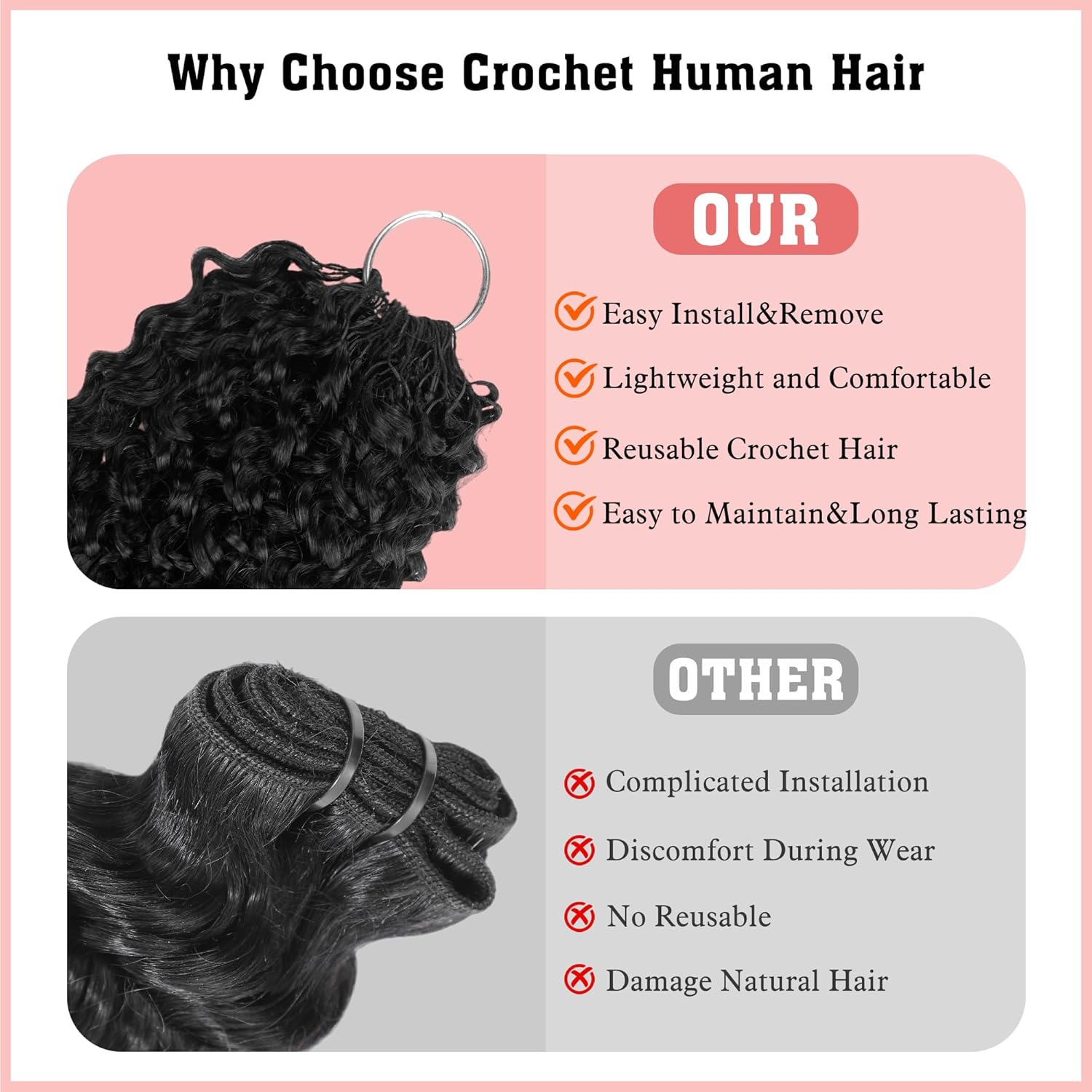 Raw Burmese Curly Human Hair Crochet 22 Inch Knotless Pre-Separated Crochet 3c4a Water Curly Hair Lightweight Reusable Virgin Hair Extensions for Women Natural Black Color