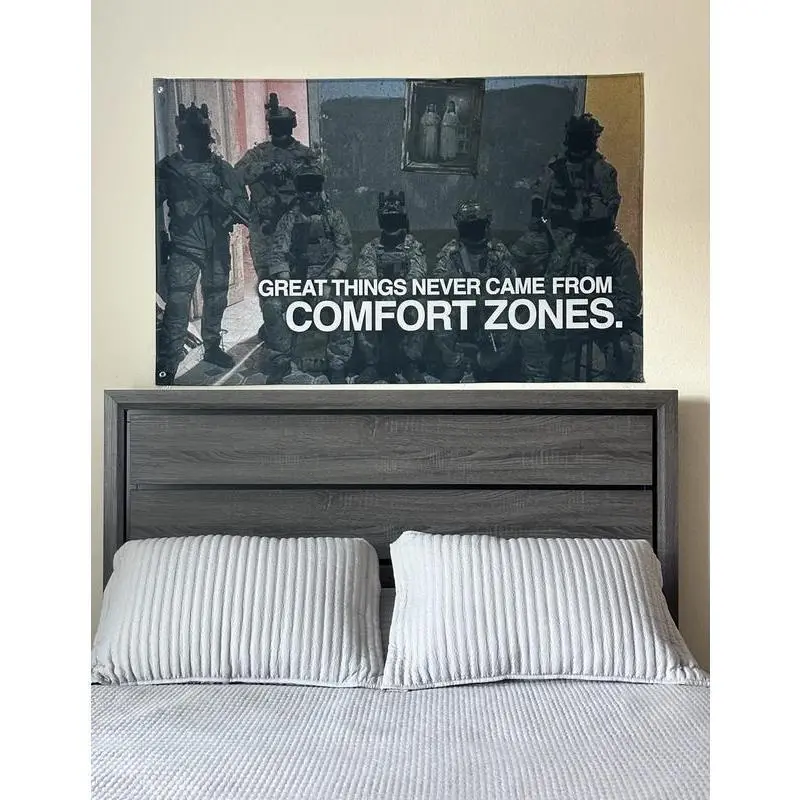 Inspirational Bold Text "No Comfort Zones" Durable Weatherproof Rectangular Tapestry, Living Room Wall Decor, Bedroom Dorm Hanging, College Room Flag Banner bedroom decor cool stuff for room mens room decor chill room accessories tapestry
