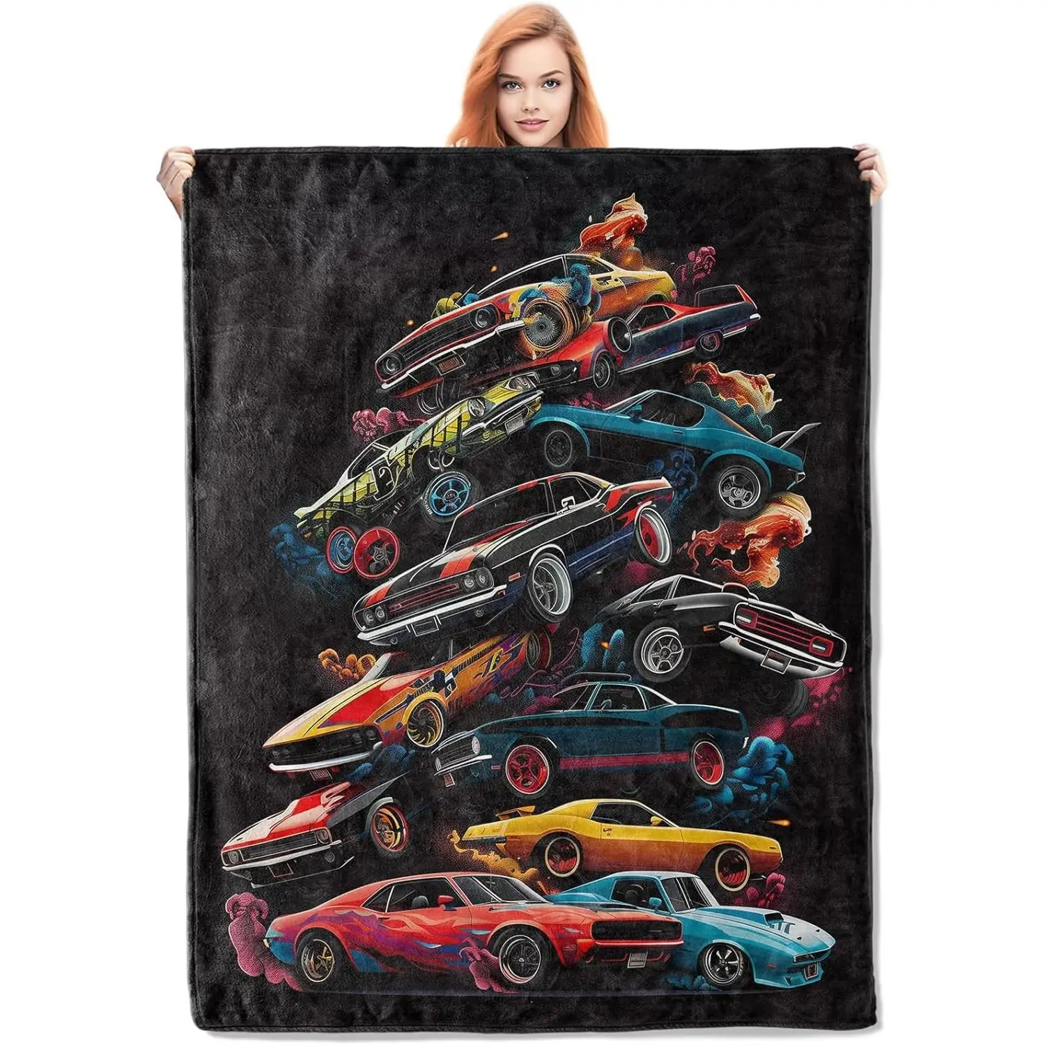 Muscle car pattern blanket, black retro sports car print fleece blanket, lightweight and warm, suitable for boys, children, teenagers, and adults, perfect for sofas and beds, a gift for car enthusiastsSlim Soft One-Side Printing