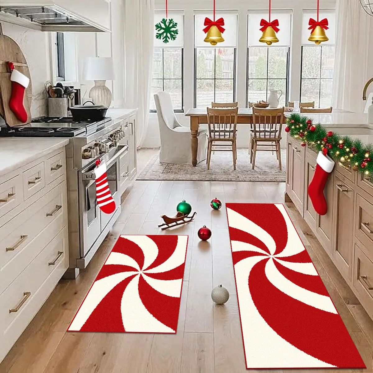 Christmas Candy Kitchen Rug Set, Decorative Area Rug, Creative Mint Sugar Mat, Pet Friendly Non-Slip Carpet, Soft Comfortable Plush Foot Pad, Polyester Fiber Rug