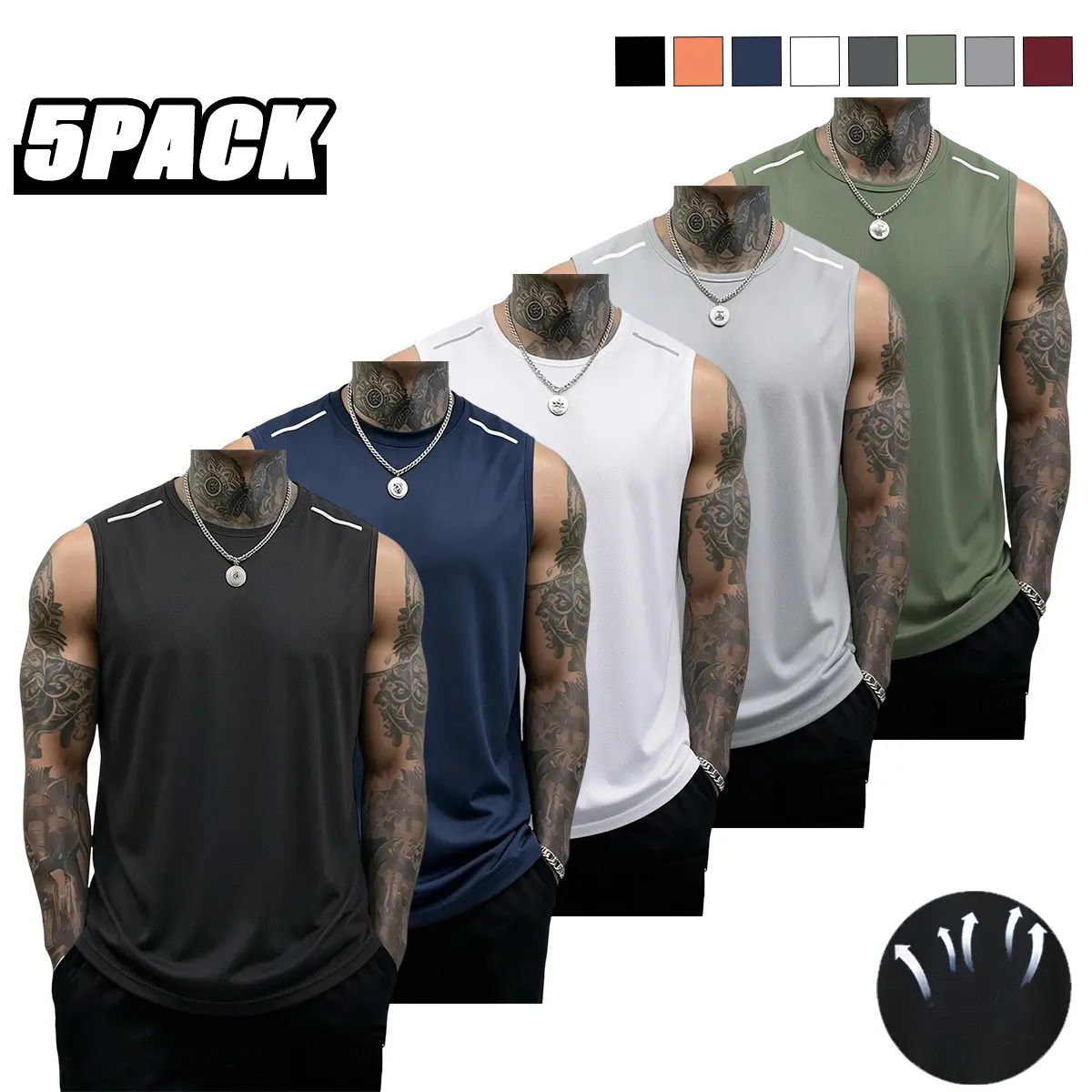 5-pack men’s athletic breathable lightweight sleeveless tank tops with a loose fit, reflective shoulder stripes, quick-dry crew neck—fashionable, individualistic apparel for gym training and workouts.