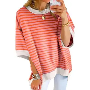 Chvity Womens Tops Casual Short Sleeve Sweatshirt Crewneck Striped Shirt Pullover T Shirts Loose Blouses, Polyester, Crew Neck