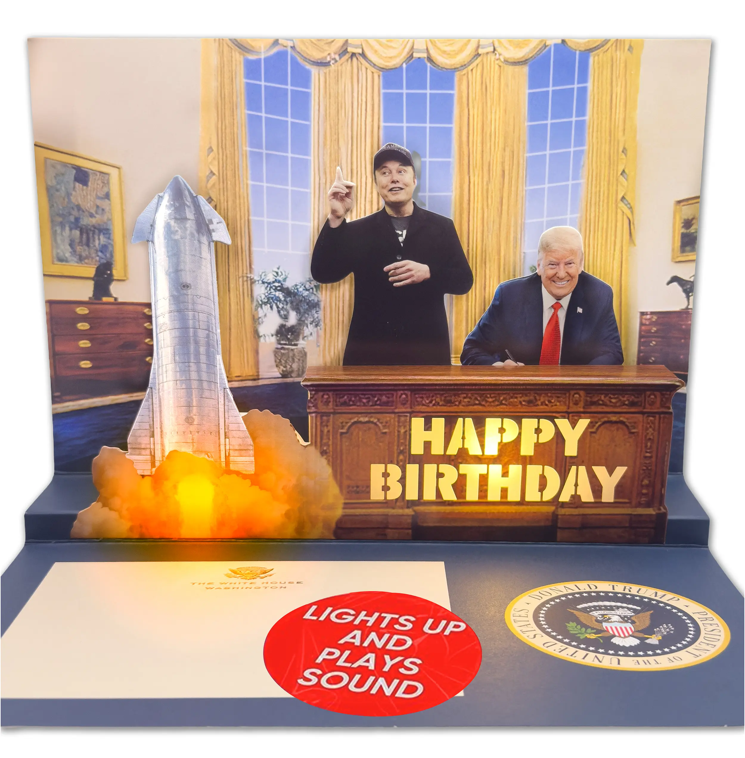 Donald Trump & Elon Pop Up Birthday Card with Trump's Real Voice, Lights & Music, Oval Office 3D Rocket Scene, Funny Political Birthday Card for Dad, Republican Gag Gift, Rocket Ship Design