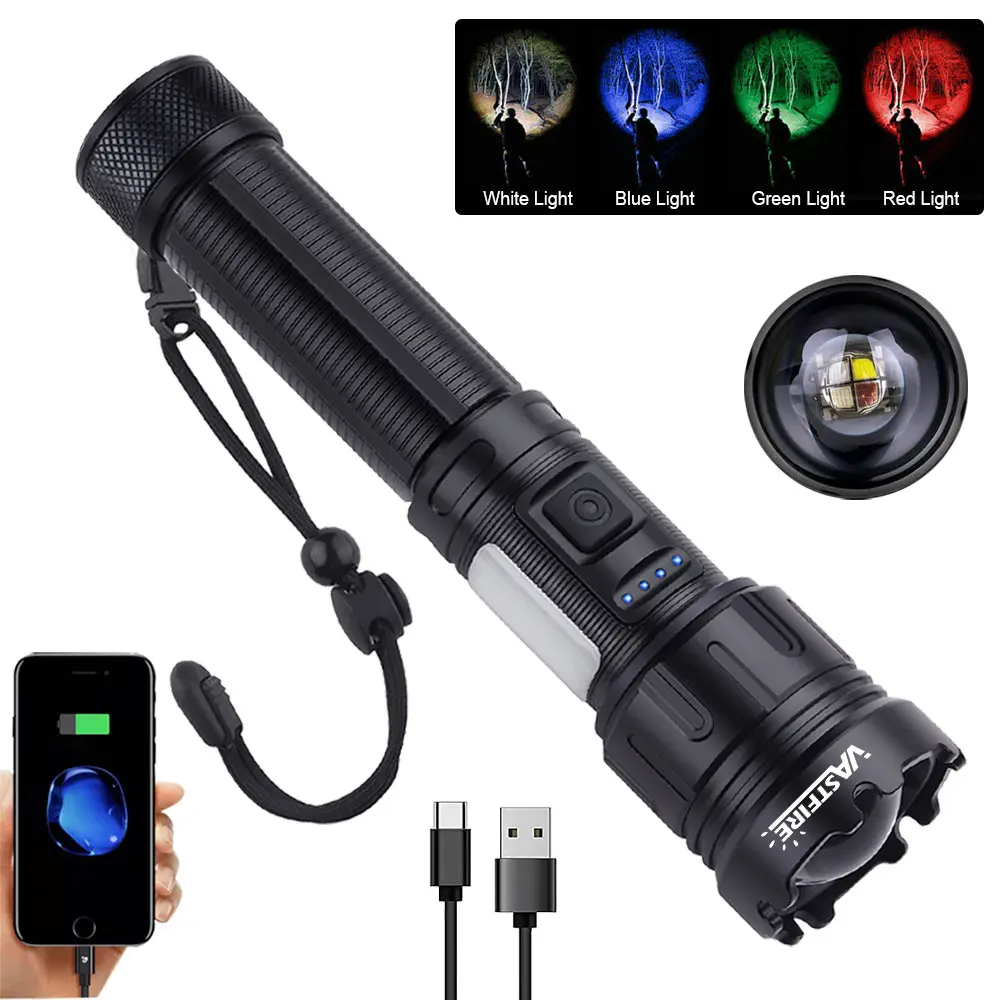 VASTFIRE High-Power High-Lumen Rechargeable Flashlight - 4-in-1 Multi-Color (1 Red,1 Green,1 Blue,1 White) LED Torch, COB Side Lamp, Magnetic Base, Zoomable Focus, 17.5x4.1x2.9cm Smooth Design, for Hunting, Camping, Household Use (c,search,yes)