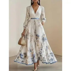 Elegant Olive Green V-Neck A-Line Formal Maxi Dress with Floral Lace Appliqué, Ruffled Bodice & Slit Hem - Machine Washable Women's Wedding, Party & Evening Gown, Wedding Dresses, Wedding Guest Attire, Vneck Design, Pleated Skirt Style