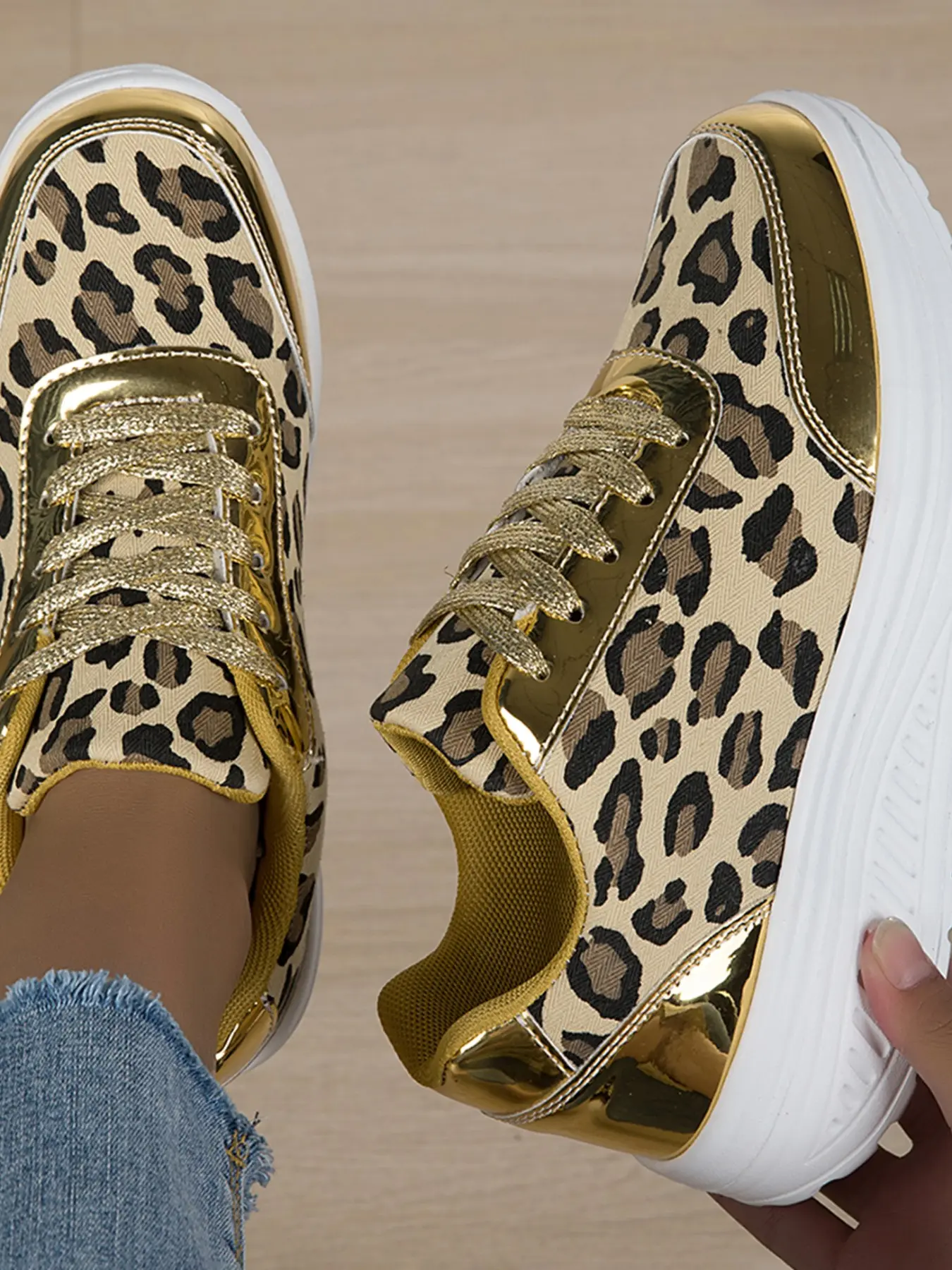 Women's Leopard Print Chunky Heel Thick Sole Shoes, Street Style Sexy Fashion, Versatile Casual Athletic Sports Sneakers, Casual Trainers, Trainer, Comfortable and Stylish