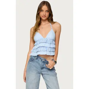 Edikted Women's Tiered Ruffle Backless Striped Halter Top
