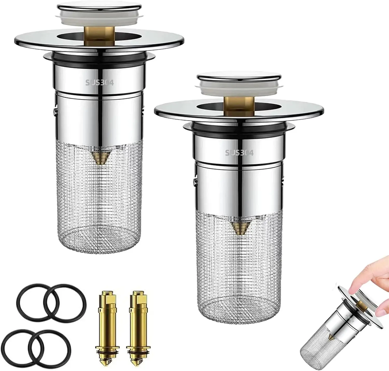 2 Pack Bathroom Sink Drain Strainer, Universal Sink Stopper with Hair Catcher Easy-Clean Pop-Up Stainless Steel Sink Strainer (F36)