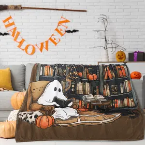 Clearance Sale Halloween Cute Ghost Throw Blanket with Bookshef Design Soft Cozy Blanket for Fall Reading Nook Autumn Winter Decor for Couch Sofa Bedroom Office Home Spooky Blanket Boo Basket Gift for Women Men Wife Book Lovers Outdoor Halloween Decor
