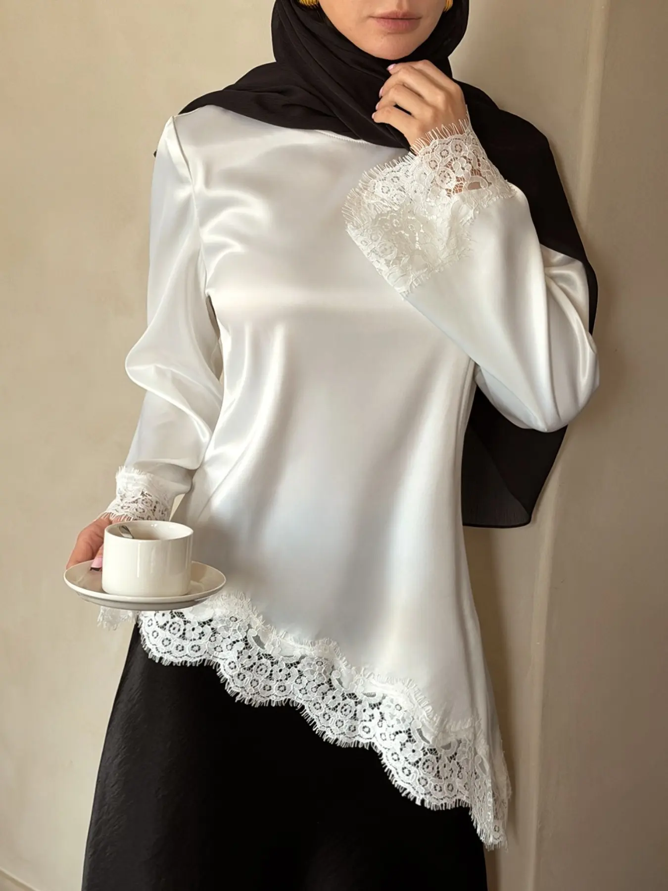 White Satin Lace Trim Long Sleeve Blouse Elegant Modest Muslim Top Asymmetric Hem Loose Fit Hijab Friendly Shirt Ramadan Eid Dubai Style Party Evening Wedding Guest Vacation Chic Soft Silky Dressy Tunic Blouses Women Top
