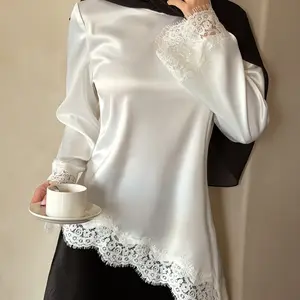 White Satin Lace Trim Long Sleeve Blouse Elegant Modest Muslim Top Asymmetric Hem Loose Fit Hijab Friendly Shirt Ramadan Eid Dubai Style Party Evening Wedding Guest Vacation Chic Soft Silky Dressy Tunic Blouses Women Top