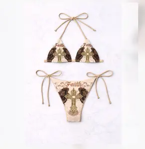 Gothic Winged Skull Pink Graphic Bikini Set