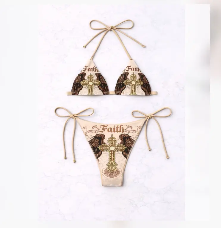 Gothic Winged Skull Pink Graphic Bikini Set