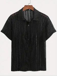 Men's Plain Cut Out Button Front Lace Shirt, Regular Fit Short Sleeve Casual Style Shirt for Summer, Fashion Men's Top for Daily Wear